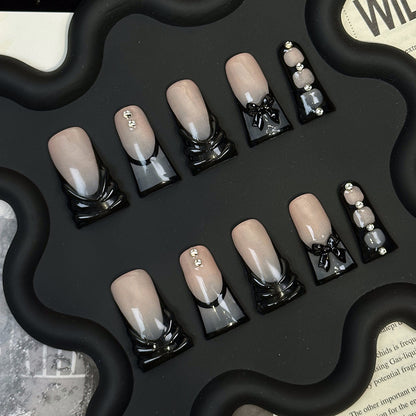 Black Bow Y2K Duck Tip Nails | Handmade Press On Nails