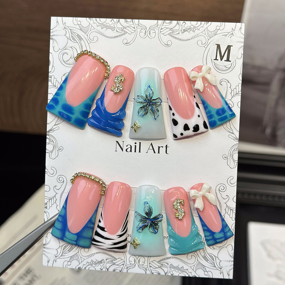 Y2K Blue Flower Bow Duck Tip Nails | Handmade Press On Nails