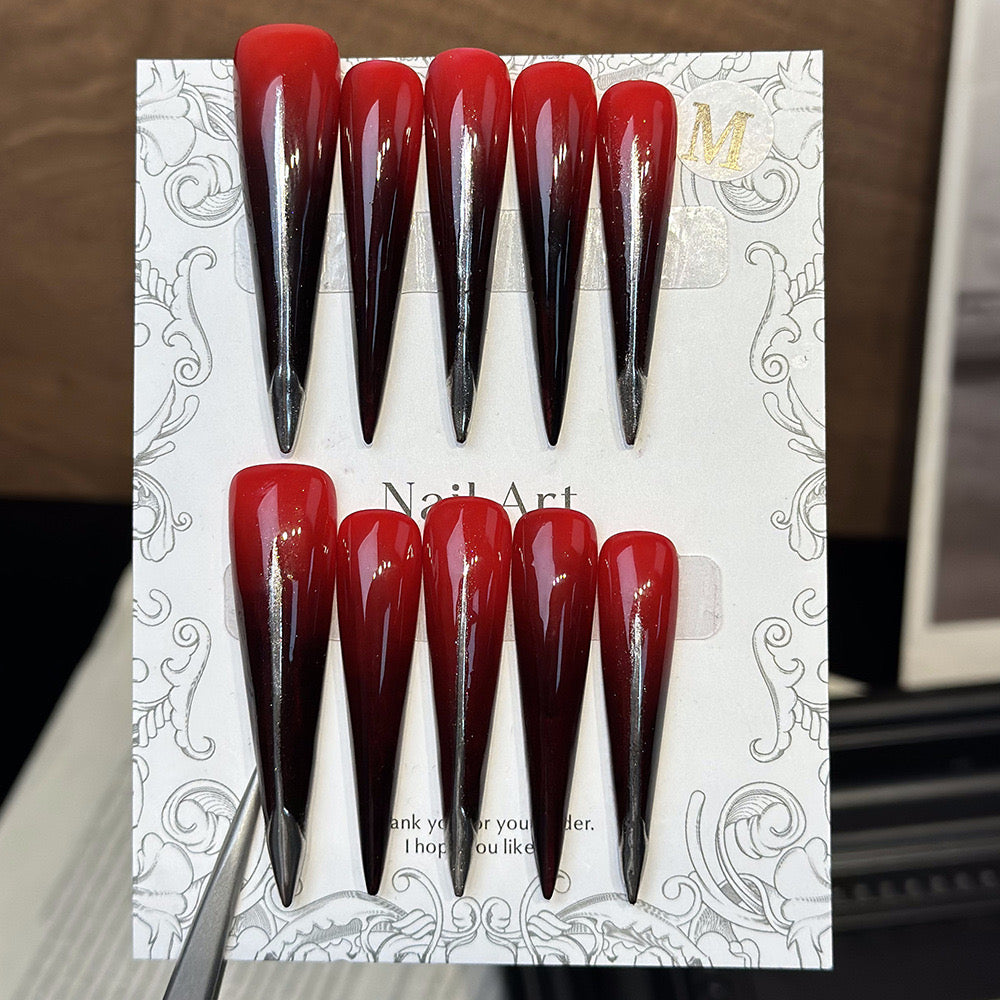 Y2K Dark Red Spiky Oval Nails | Handmade Press On Nails