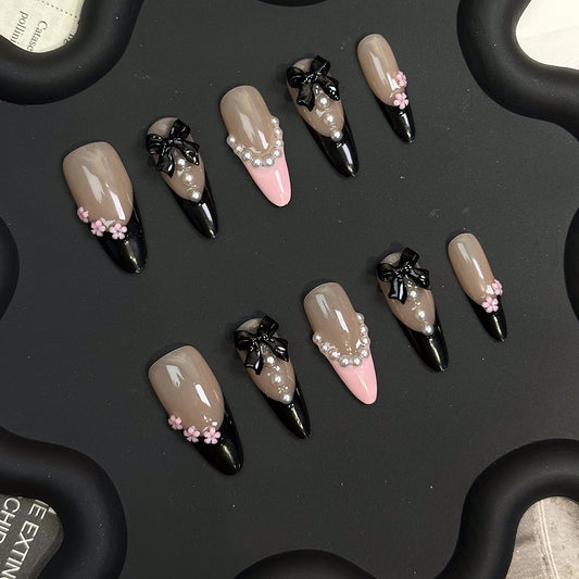 Y2K Heart Puff Pearl Oval Nails | Handmade Press On Nails