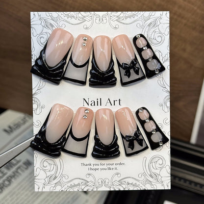 Black Bow Y2K Duck Tip Nails | Handmade Press On Nails