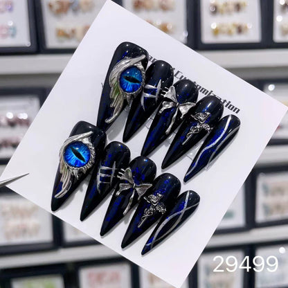 Blue Evil Eye Dark Metal Oval Nails | Handmade Press On Oval Shape Nails